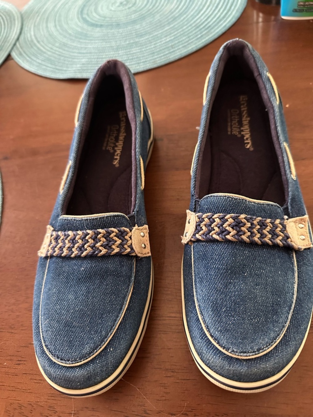 Grasshoppers Blue Denim Espadrille Slip-Ons with Tan Braid Detail